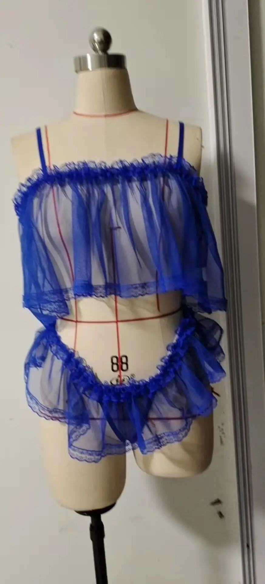 Women Sexy 2 Pieces Lingerie Set, Lace Stitching Sleeveless See-Through Sling Crop Tops + Skirt Hem Thong Sleepwear Suit