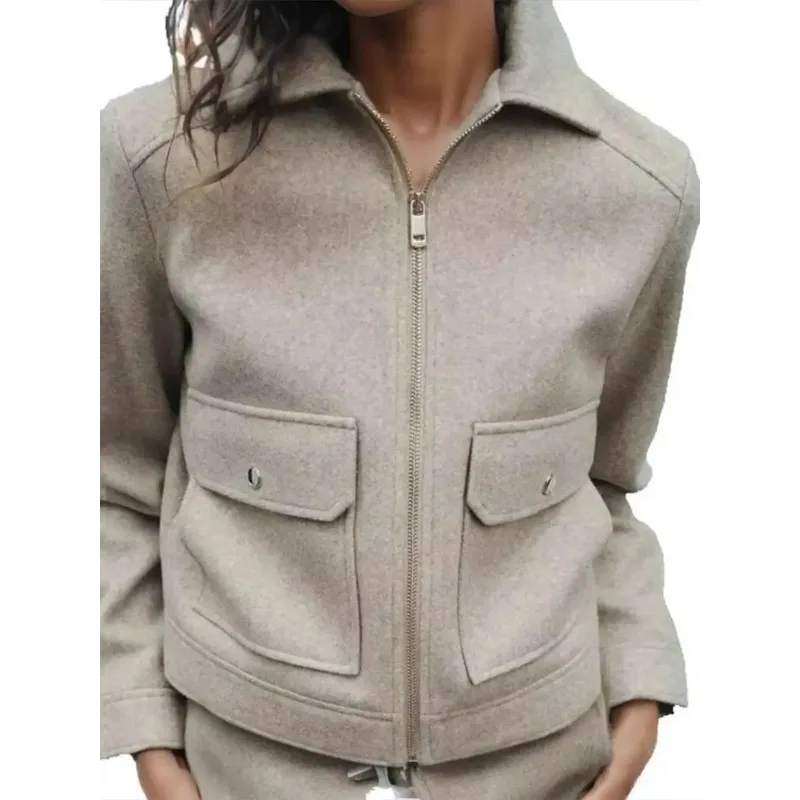 

Женское твидовое пальто с короткими лацканами, повседневная универсальная куртка на молнии.