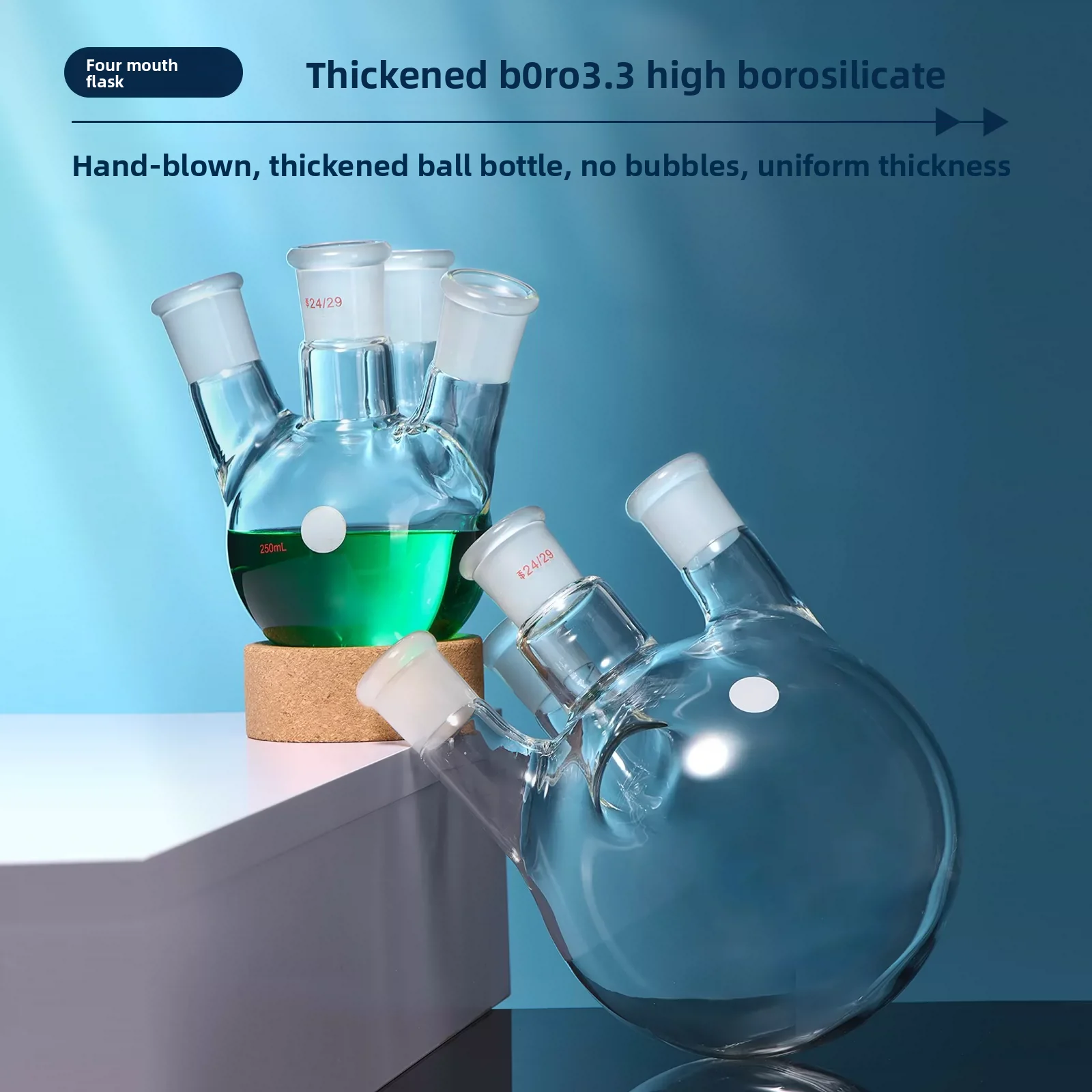S22 4-Neck Round Bottom Flask – 100-50000ml Borosilicate Vessel for Distillation, Rotary Evap. / Org. Synth.