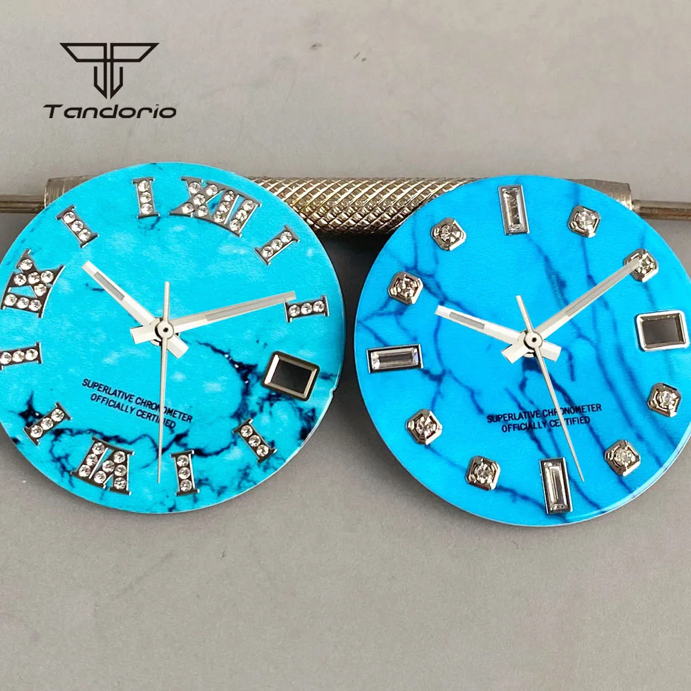 

28,5 мм синий циферблат для часов с бриллиантовыми метками подходят для деталей NH35 Mod, набор стрелок с окошком даты, светящиеся наручные часы, стерильный аксессуар для лица, текстура