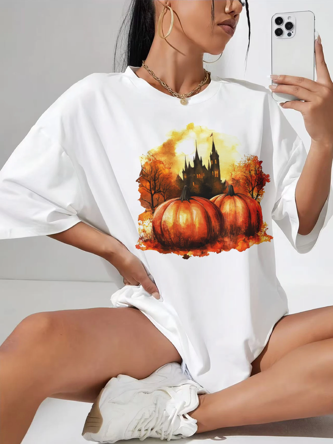 

Plus Size Women's White Crew Neck Tee Cotton Soft Loose Comfy Fit T-Shirt with Trendy Halloween Print Comfortable Top