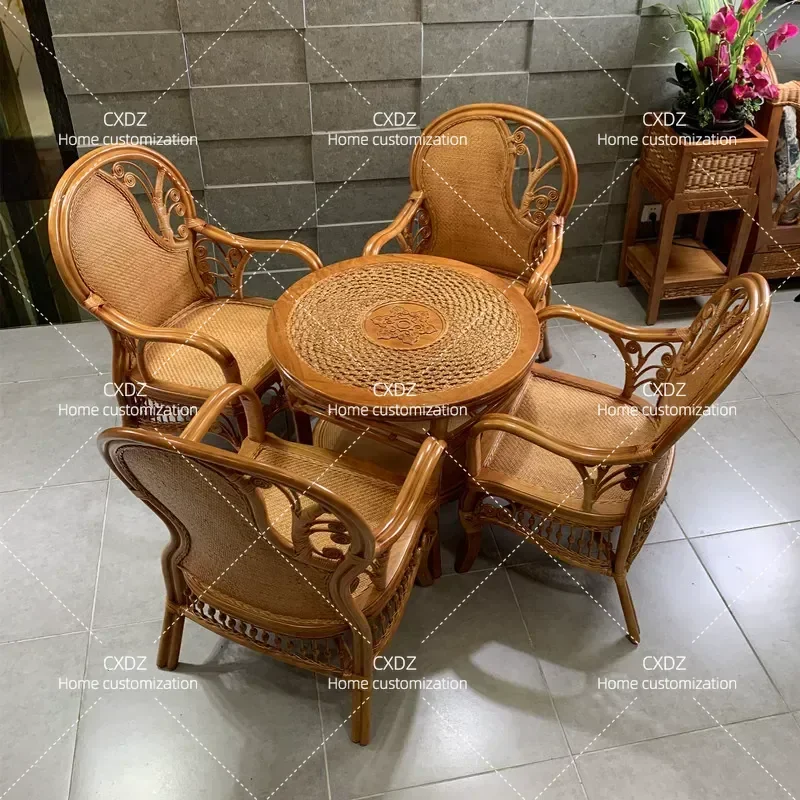 Natural Rattan Chair and Table Set 3 Piece Coffee Table with Backrest Chair Leisure Balcony Furniture 5 Piece Tea Table Set