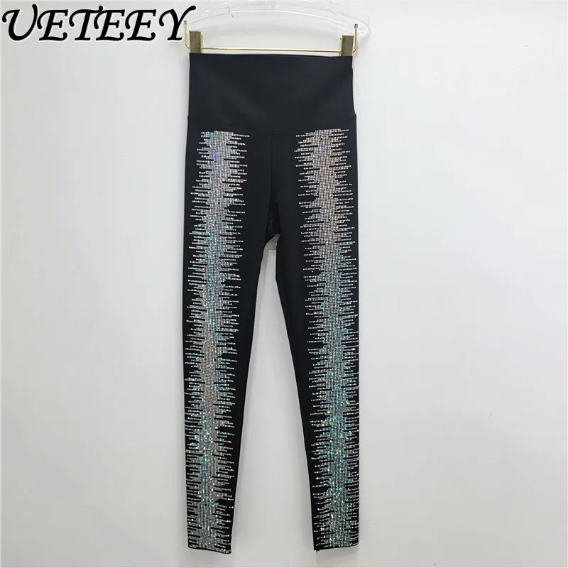 2024 Autumn New High-waisted Rhinestone Hot Diamond Elastic Slim Black Leggings Women's Leggings Fitness Yoga Pants Trousers