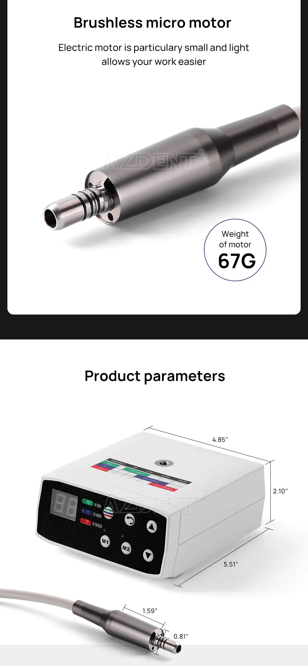 AZDENT Dental Elektrischer Mikromotor mit LED-Faseroptik, bürstenlos, interner Spray, passend für 1:1, 1:5, 16:1 Niedriggeschwindigkeits-Handstücke, klinisch – Detail 5