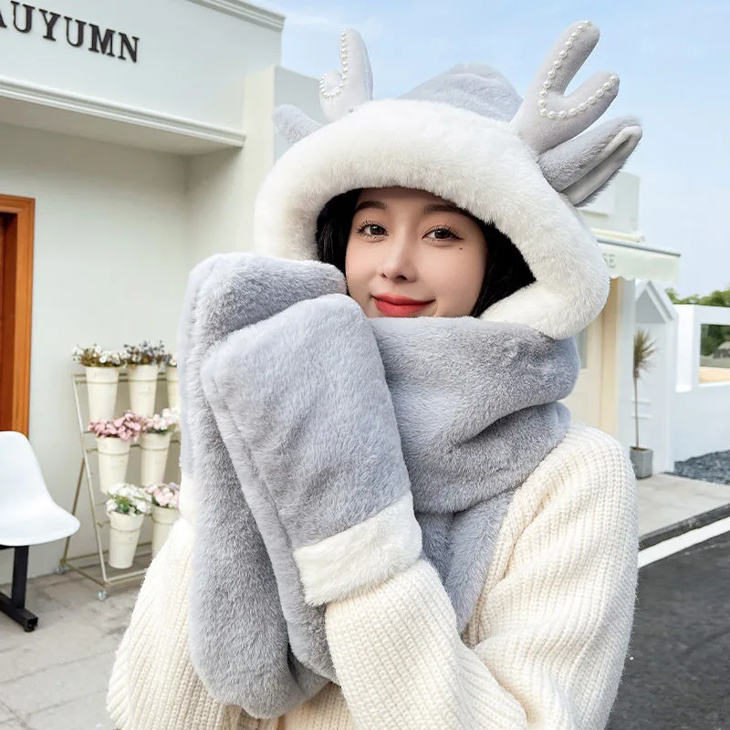 Elk Hat Ear Protection Hat Scarf Gloves 3 Piece Women Winter Y2K Kawaii Bun Hat Neck Plush Cute Cycling Outdoor Dome Warm Hat