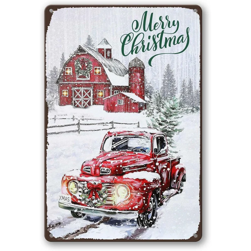 Merry Christmas logo retro red truck plate decoration 30x20x2cm