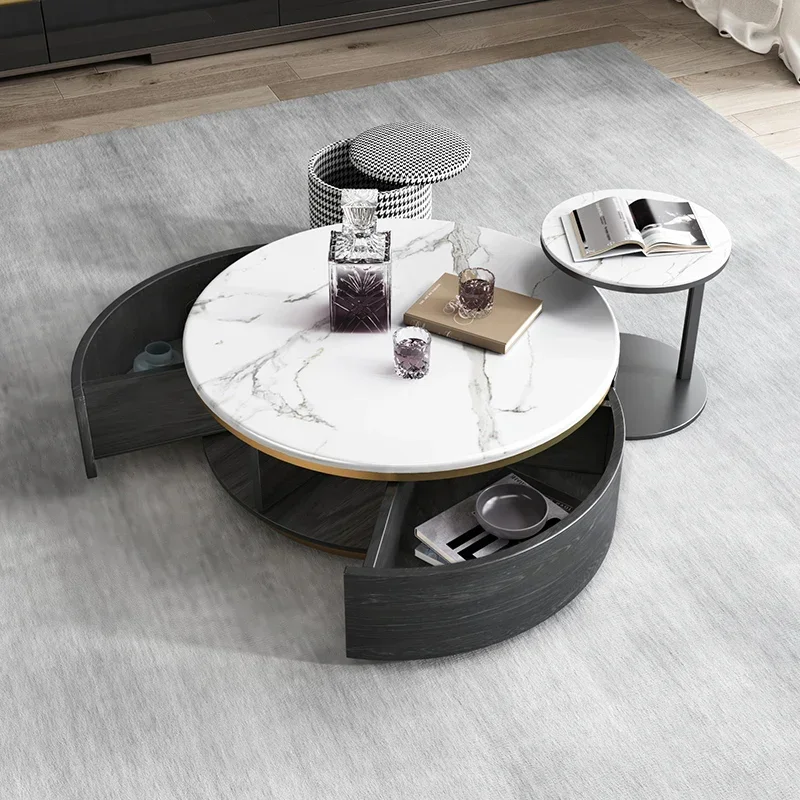 Modern Top Sintered Stone Storage Stool Carbon Steel Pedestal Side Table Luxury Round Marble Coffee Table