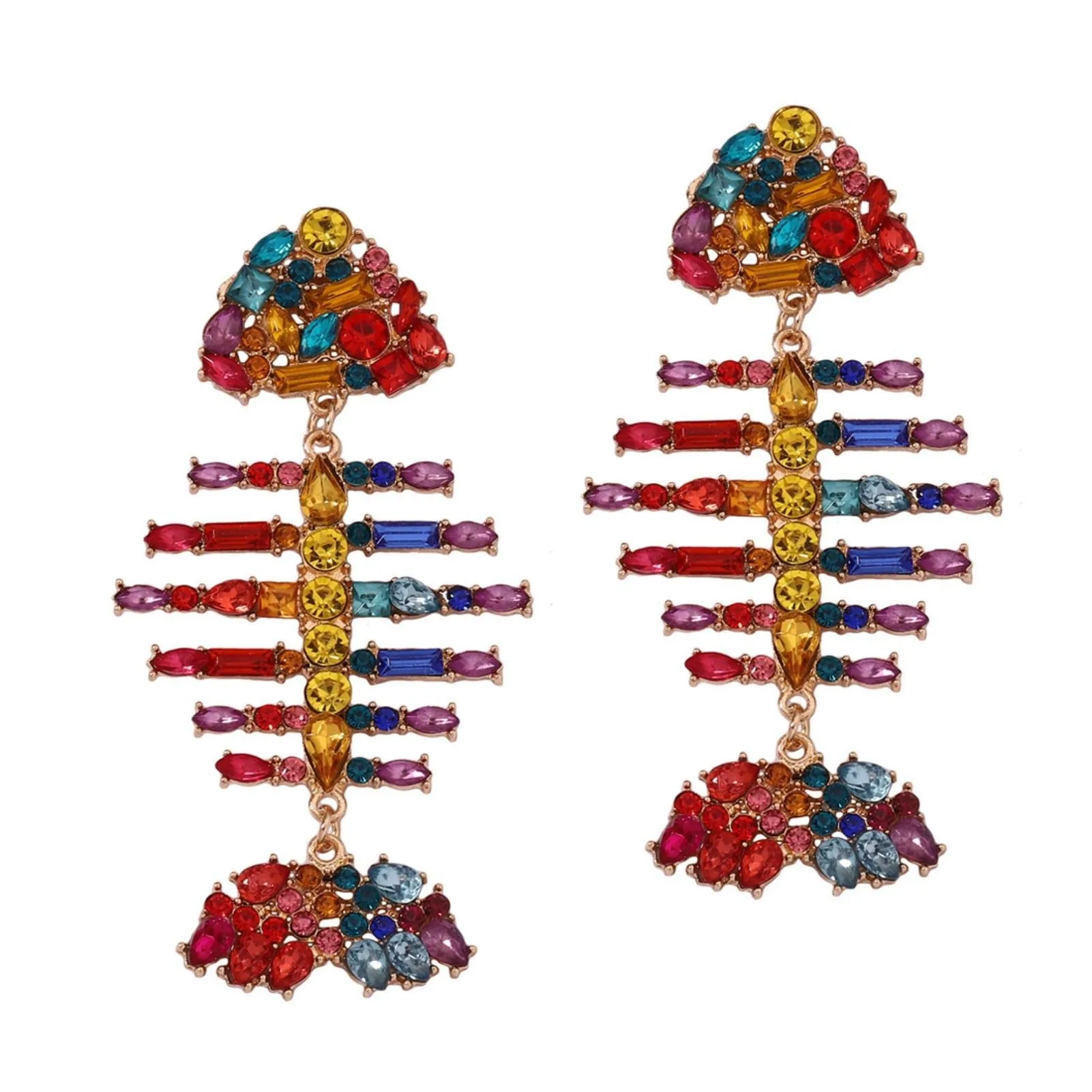 Creative Exaggerated Long Colorful Sparkly Crystal Fish Bone Dangle Drop Earrings Vintage Gold Cute Enamel Diamond Pearl Fish