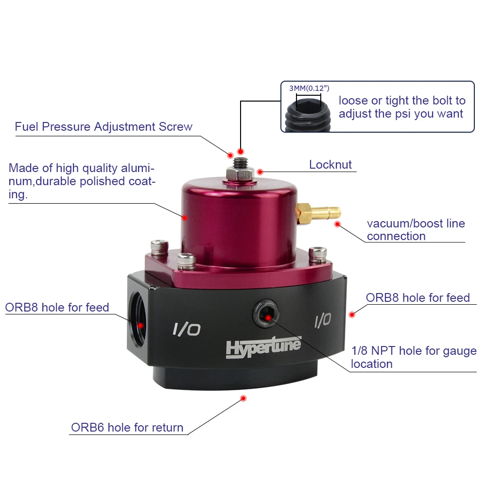 Hypertune 12-880 E85 Compatible Return Adjustable Style Billet Aluminum Bypass Fuel Pressure Regulator with AN6*1 AN8*2 Fittings