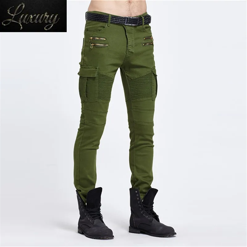 

Biker Jeans Punk Style Cargo Pocket Skinny Men Famous Brand Mens Designer Clothes Zipper Denim Pants Green Black