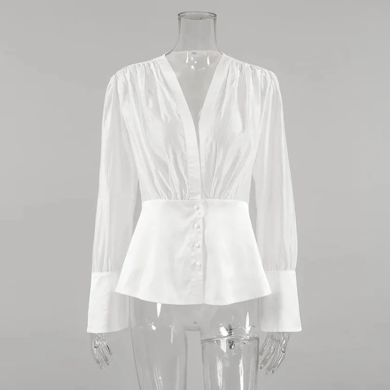 

Spring Autumn Women's Sexy Deep V-Neck Patchwork See Through Long Sleeved Shirt French Sexy Waist Cinching See Through Shirt