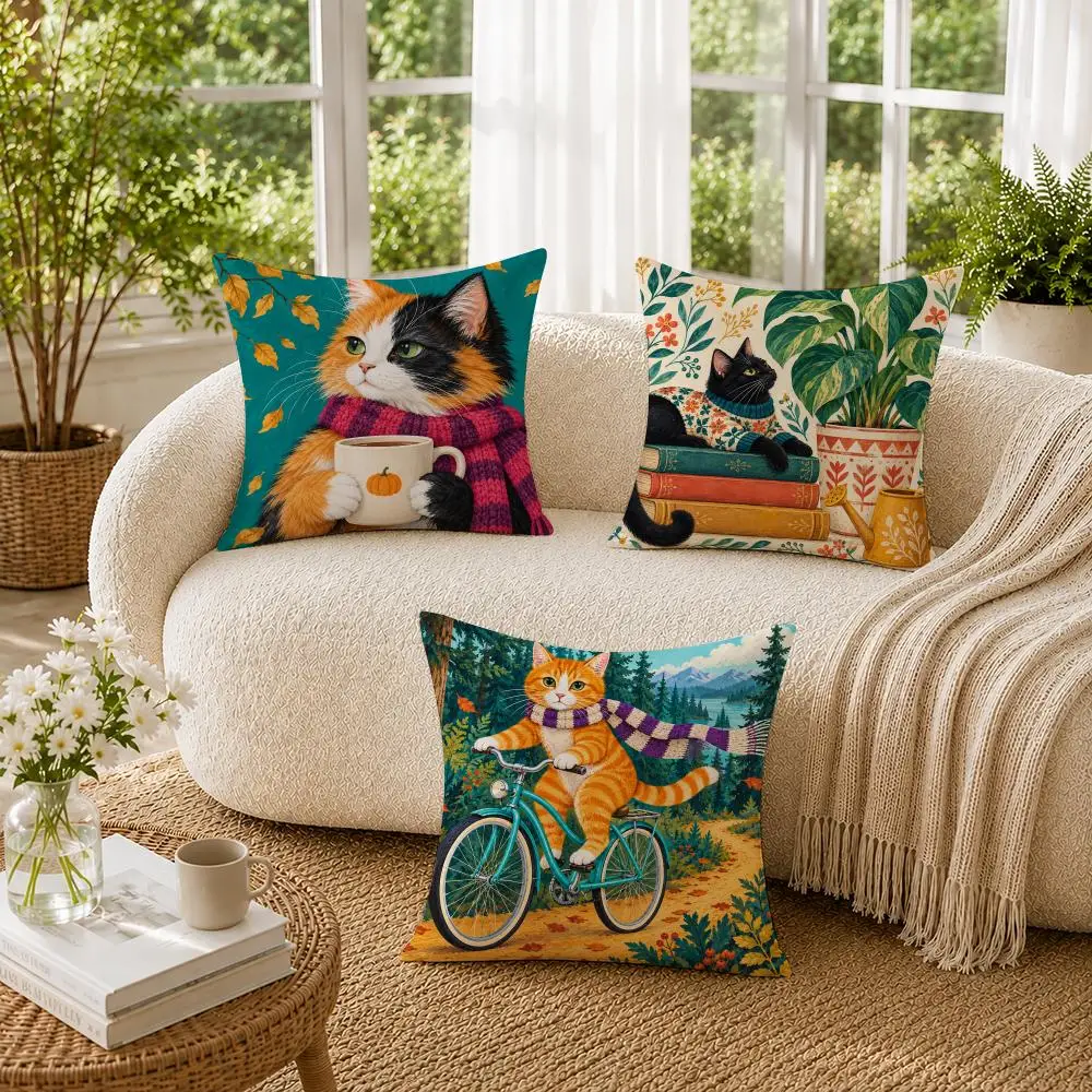 Whimsical Cat Pattern Cushion Cover Soft Short Plush Pillow Cases Hidden Zipper Cutecore Sofa Bedroom Home Decor Gift