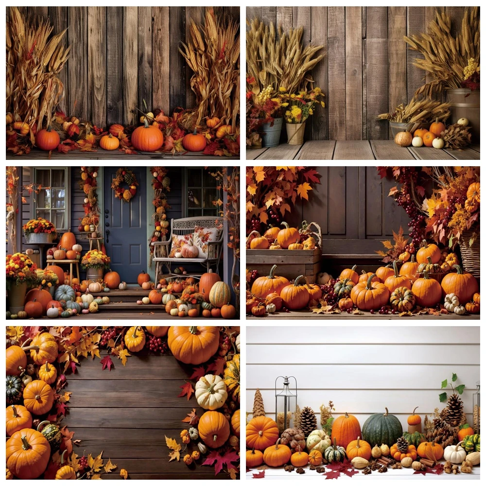 

Halloween Pumpkin Wooden House Photography Backdrop Autumn Maple Forest Thanksgiving Harvest Photography Background Photo Studio