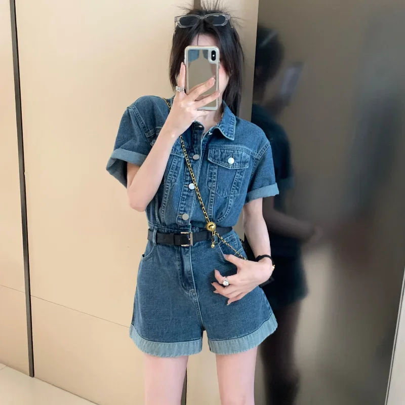 Pop Sommer Neue Stil Arbeitskleidung Denim Overall Shorts Für Frauen Mit EINEM Gürtel Taille Für Abnehmen Wirkung Gerollt Rand Breite Bein Hose
