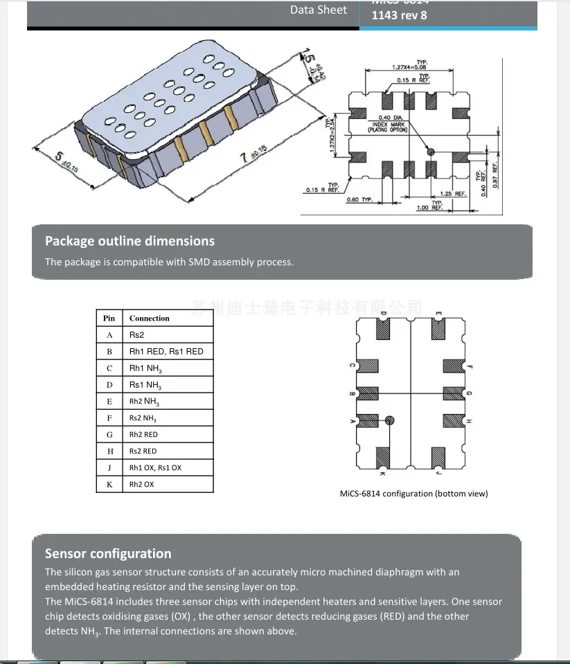 MICS-6814 SGX MEMS Air Quality Sensor CO, VOC, NH3 Nitrogen Oxides