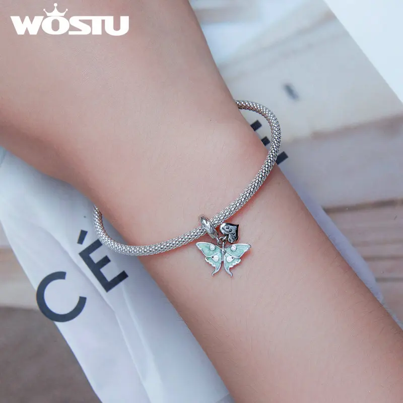 WOSTU 925 Sterling Silver Wizard of Oz Butterfly Hanging Bead Flower Love Charm Fit Original Bracelet DIY Making Jewelry Gift