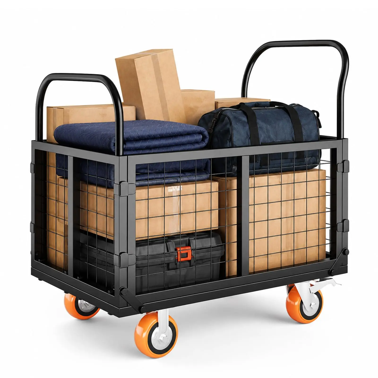 6-in-1 Platform Truck with Cage, 2000lbs Foldable Flatbed Cart