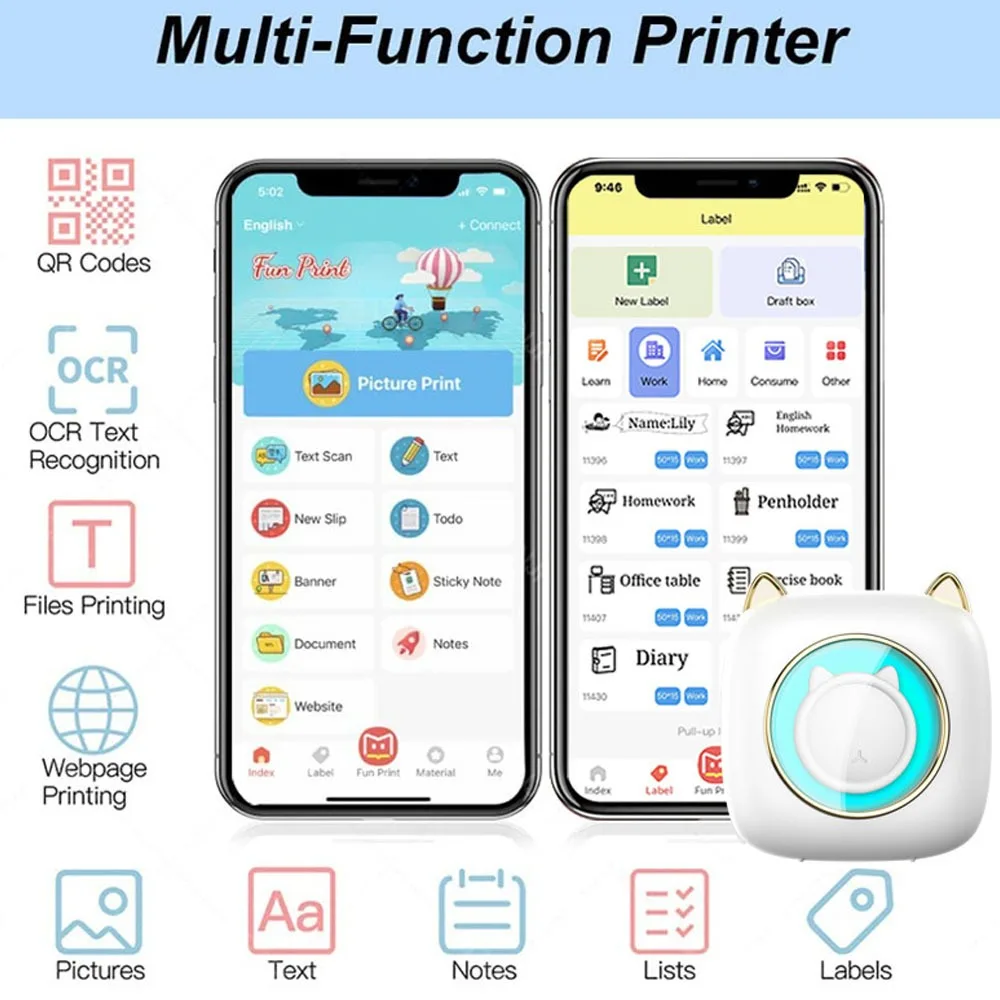 Inkless Bluetooth Thermal Printer Mini Pocket Wireless Device Connect Mobile Phone Print Photo Label Notes For Home Student Use