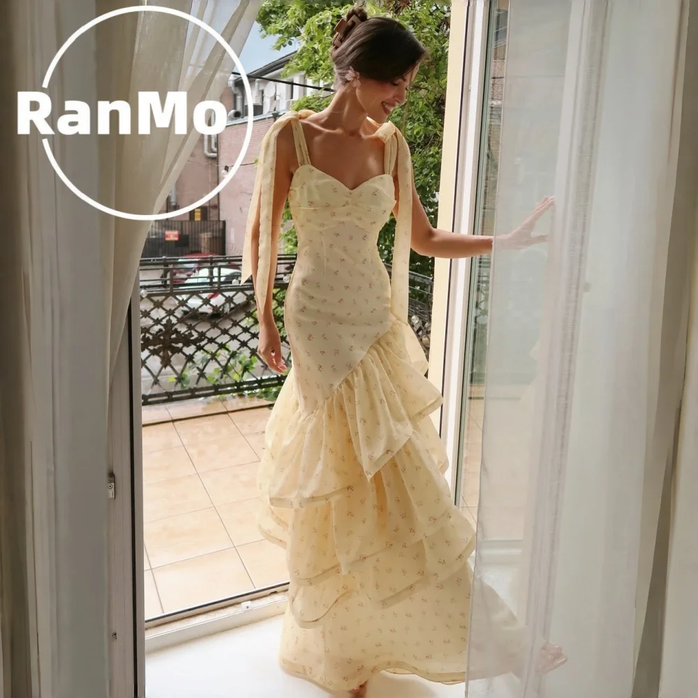 Ranmo 2026 Formal Elegant Chiffon small floral print Evening Dresses Tiered Fashion Spaghetti Strap Exquisite Pleat Beach Gowns