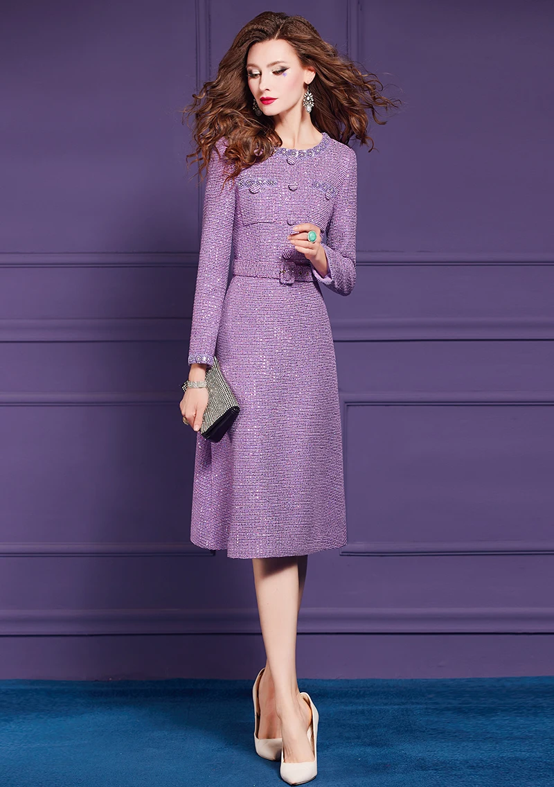 ZJYT Autumn Winter Long Sleeve Tweed Dresses for Women 2024 Elegant Purple Vintage Casual Plus Size Dress Female Vestidos Robe