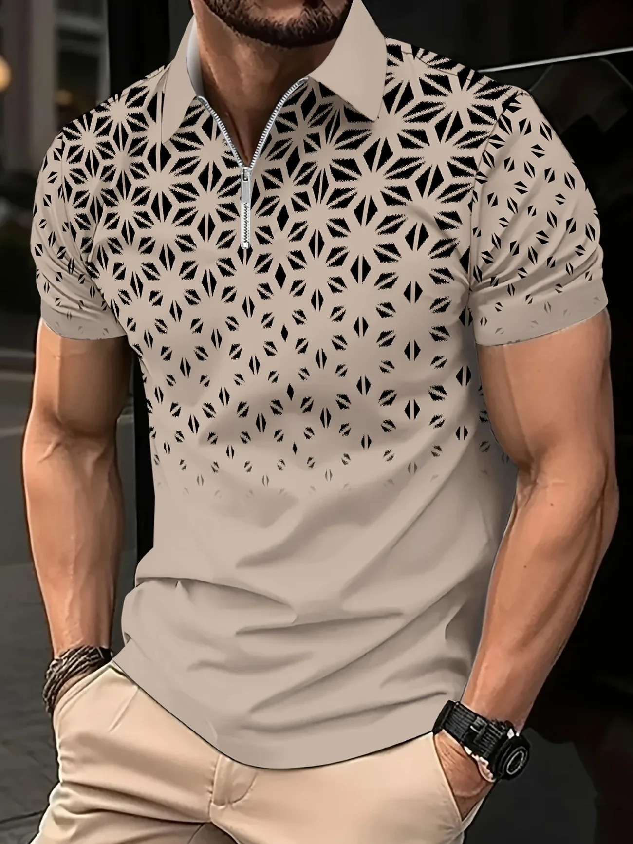 

Men's Summer Fashion Geometric Print Shirt - Casual Short-Sleeved POLO Shirt, Zipper Collar, Comfortable Breathable T-shirt