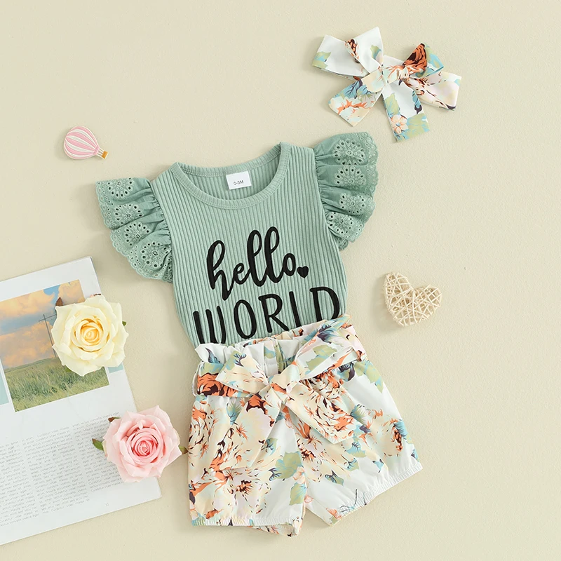 

Baby Girl Summer Clothes Newborn Outfit Ribbed Romper Floral Bloomer Shorts Headband Newborn Girl Clothes