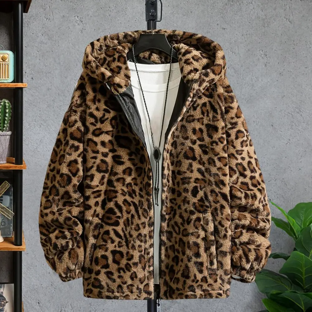 Men Plush Coat Leopard Print Cotton-padded Men Jacket Hoodie Winter Overcoat Thickened Double-sided Plush Hooded Outerwear