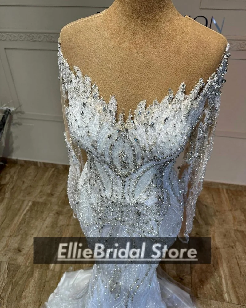 Elegant Mermaid Wedding Dresses With Detachable Train Luxurious Crystal Sequins Long Sleeves Bridal Gowns 2025 Female Customized