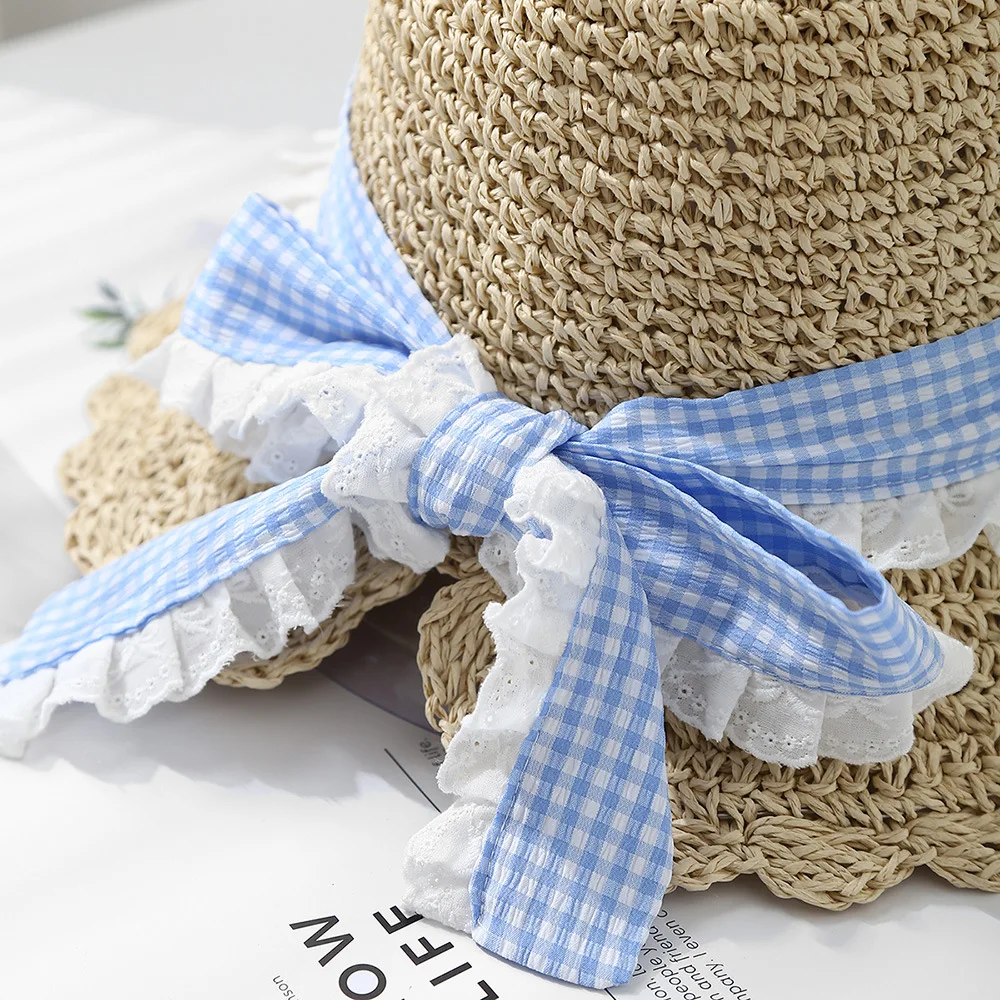 태양 모자 여성용 여름 모자 소녀 달콤한 활 격자 무늬 리본 비치 액세서리 한국어 접이식 해변 휴가 Sunhat 버킷 모자