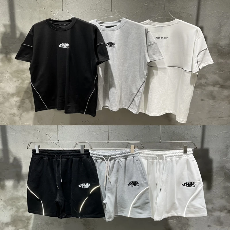 

SynaWorld Светоотражающий логотип с вышивкой Свободные брюки ort Sve с пятью точками Американская летняя повседневная спортивная одежда High Street