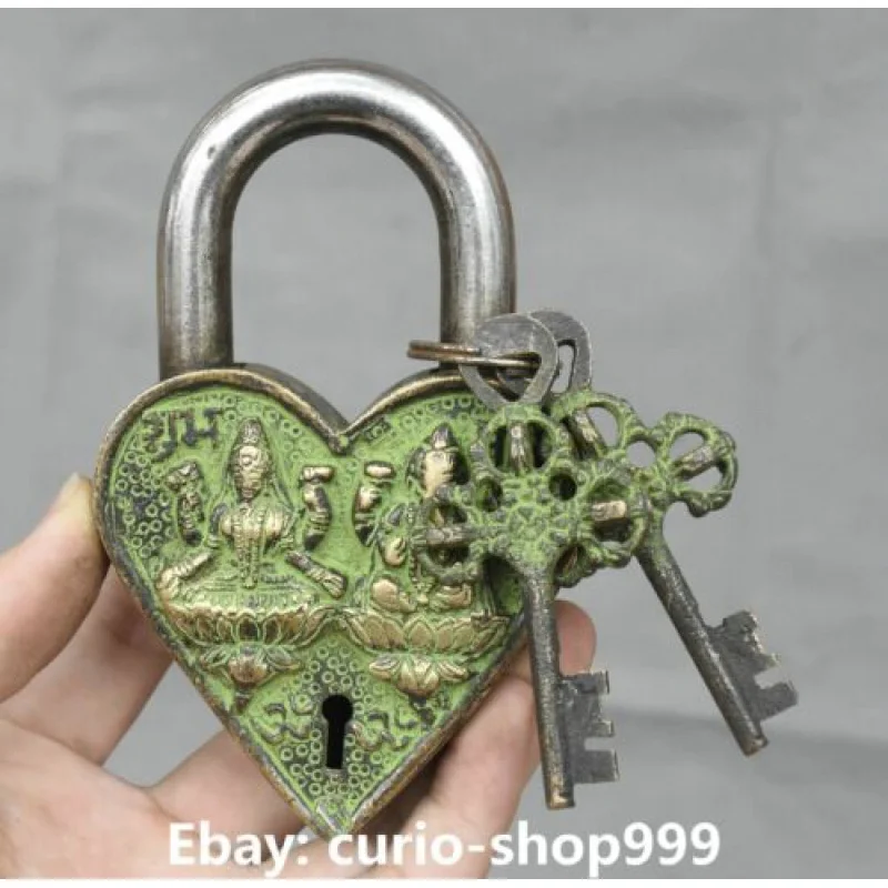 Antique Tibetan Bronze 4 Arms Elephant Mammon Buddha Heart-shaped Lock Key Set