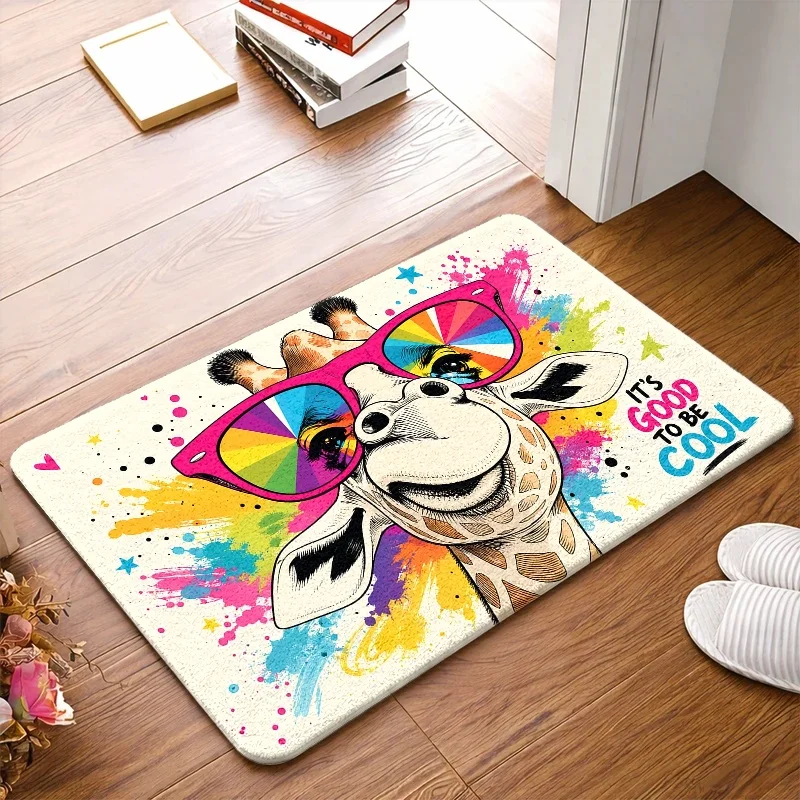 1pc, 2pcs, 3pcs Trendy Rainbow Giraffe Pattern Doormats, Bath, Durable Machine-Washable, Universal for Living Room, Bedroom, O