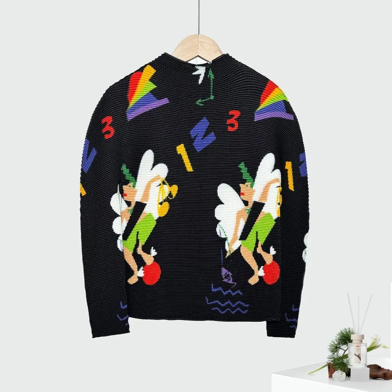 

Miyake Long-sleeved Blouse Women's Pleated Print Temperament High Neck Bottoming Outside Wear Versatile T-shirt Thin Stretch