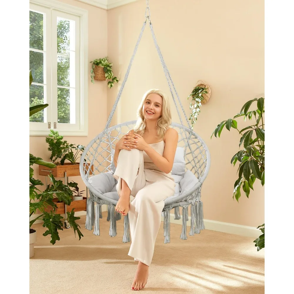 Swing Hanging Chair,Hold Up to350LBS/158KG Hammock Chair with Hanging Kits and Removable&Washable Cushion,Cotton Rope SwingChair