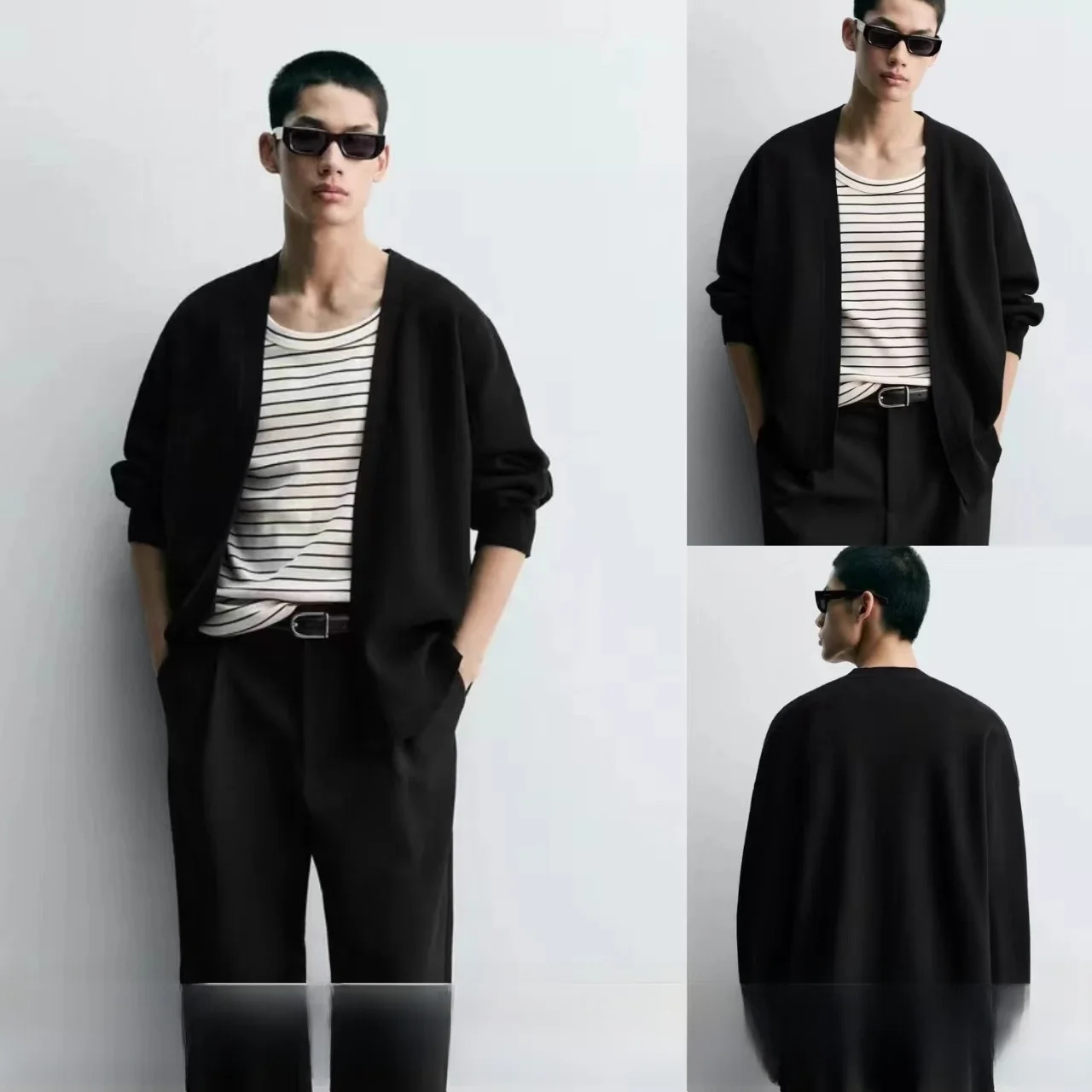 

Новая мужская свободная трикотажная кофта с длинным рукавом и V-образным вырезом, модель 2025 года, черная, в рубчик, комфортная, антистатическая, прочная, осенняя, модная верхняя одежда