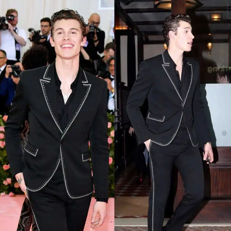 

Fashion Men Suits One Button Peaked Lapel Pant Sets Beaded Classic Fit 2 Pieces Banquet Party Customized Outfits