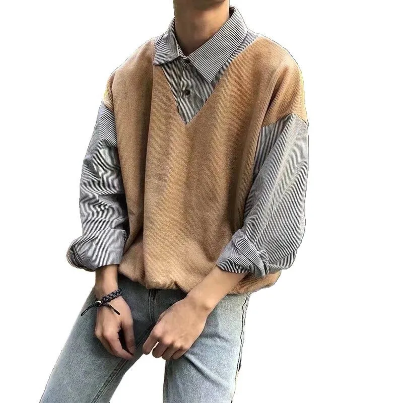 Spring and Autumn Korean Version Trendy Fake Two-piece Long-sleeved Shirt Collar Sweater Men's College Style Student T-shirt