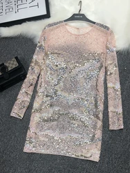 Heavy Industry Fairy Sexy Pink High-quality Temperament Mesh Sequin Dress Women's Mid-length Fish Scale Perspective Dress Women