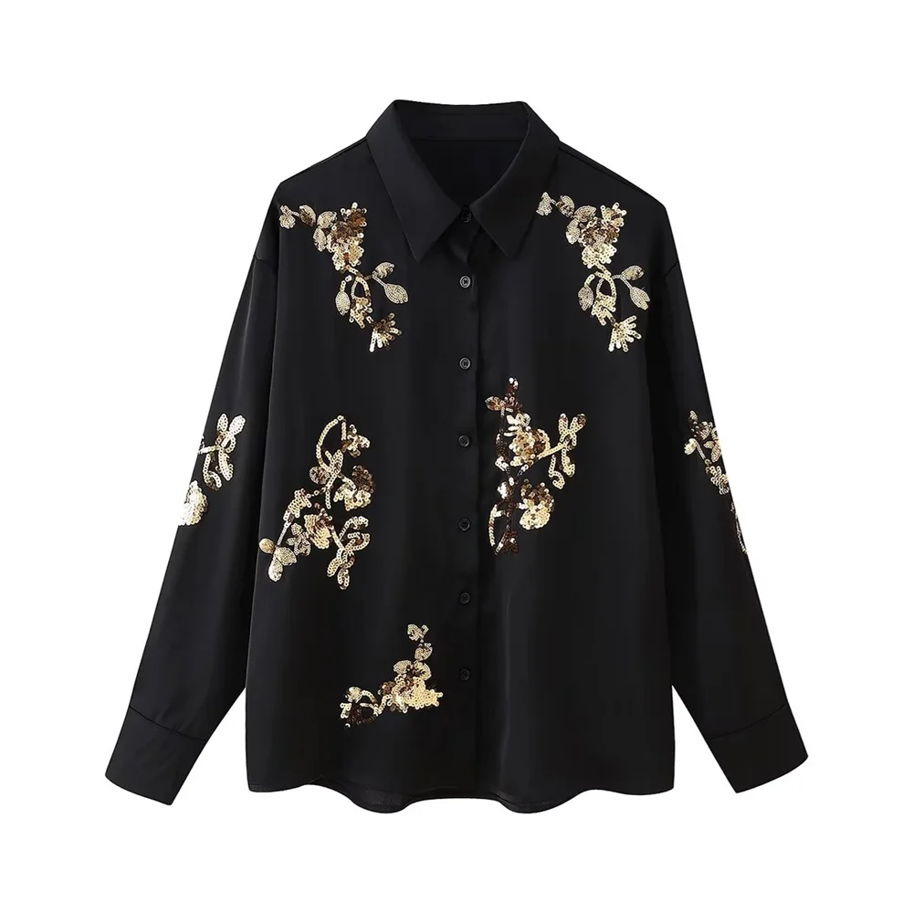PB&ZA 2024 Spring New Women\'s Fashion temperament casual versatile sequin embroidered satin shirt straight leg pants set