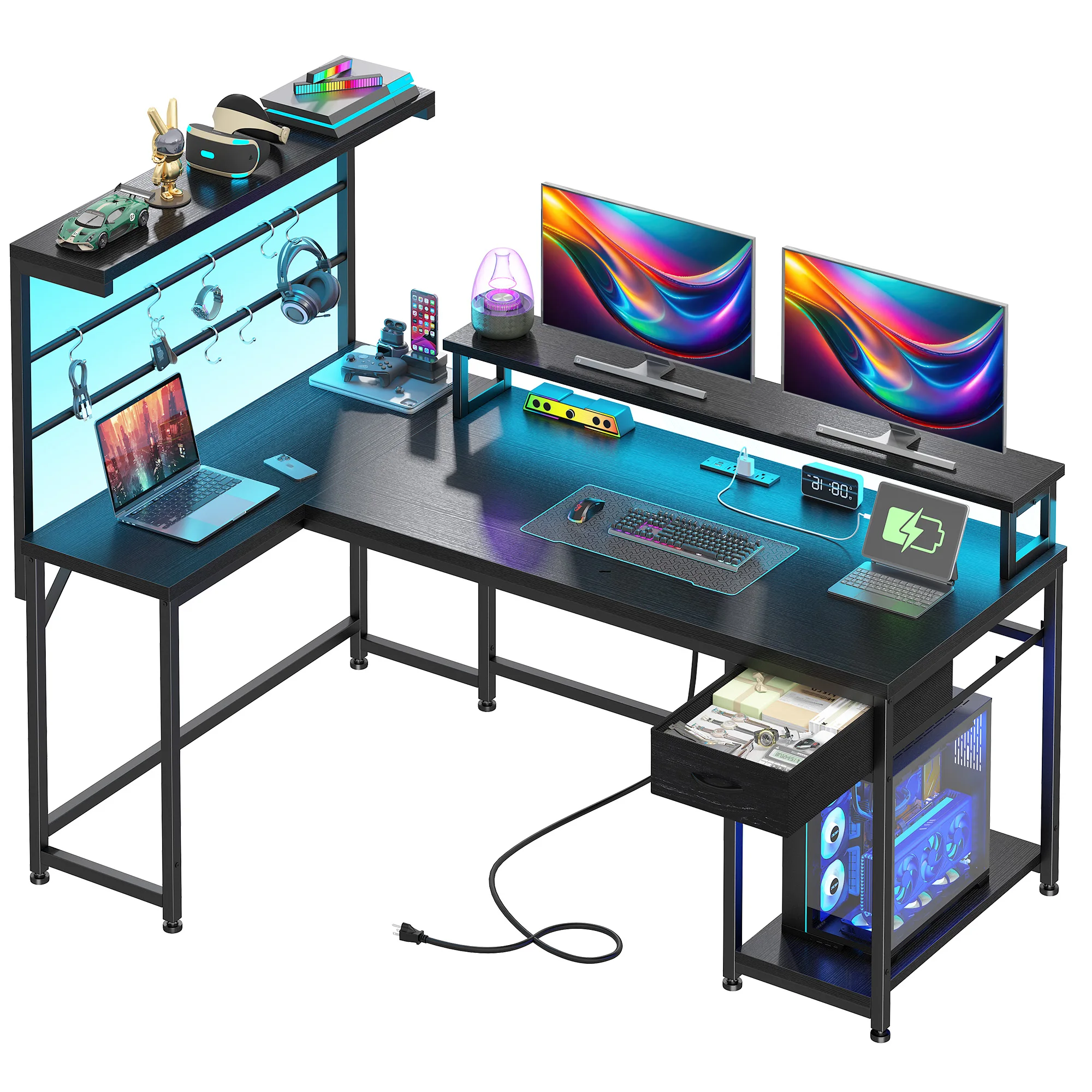 EnHomee 53 Inch L Shaped Gaming Desk with LED Lights & Power Outlets, Reversible Corner Computer Desk with Monitor Stand, Hutch & Drawers, Home Office Writing Study Desk