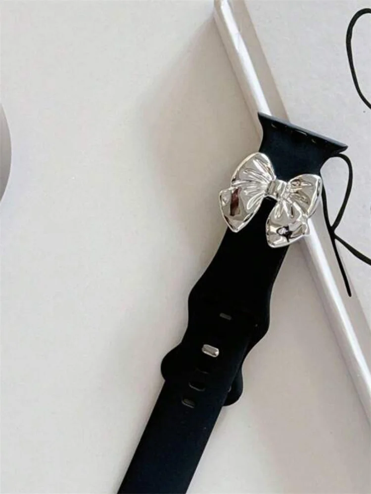 Y2k Cute 3D Silver Bowknot Strap For Apple Watch Band 49mm 45 44 41 42 38 40 Correa Men Women Band For Watch Series 9 8 7 SE 6 5