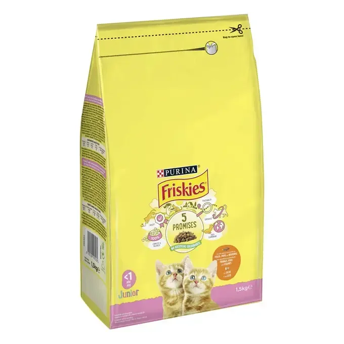 Purine®FRISKIES®Junior cat up to 1 year 1.5KG provides your kitten with a good start to life by offering him the special nutrition he needs for his healthy and happy development. Junior Friskies is a food made with chicken, vegetables, vitamins