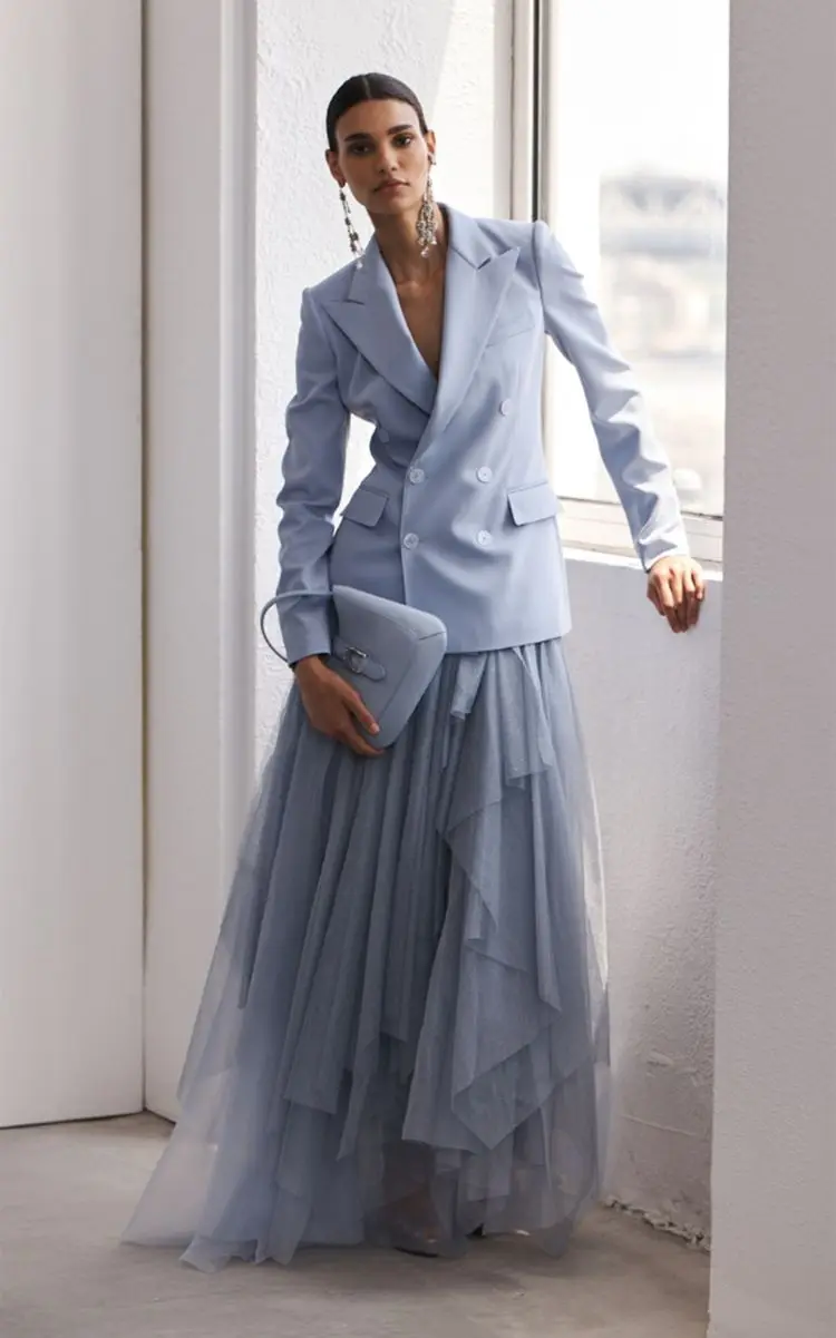 

Light Blue Women Suits Set 2 Piece Blazer+Prom Dress Spring Formal Customized Office Lady Jacket Luxury Wedding Prom Coat