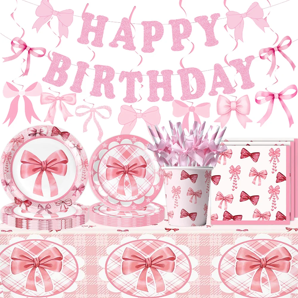 Różowa kokardka Urodzinowy zestaw imprezowy Jednorazowa zastawa stołowa Happy Birthday Banner Dekoracja Dziewczyna Kokarda Etykieta Dekoracja ślubna