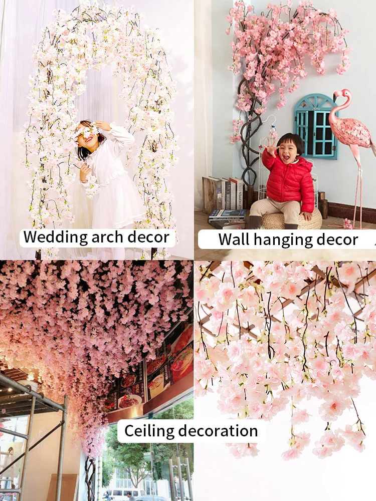 Set Artificial Cherry Blossom Flowers Trees Suit Stem Decor Fake Sakura Branches Wall Hanging Backdrop Party Wedding Decorations