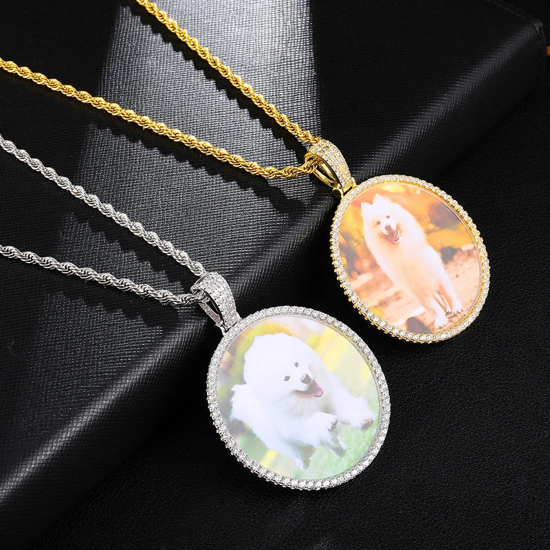 D&Z Hip Hop Iced Out CZ Zircon Memory Medallions Customize Photo Pendant Circle Custom Picture Pendant Necklace Gift For Family