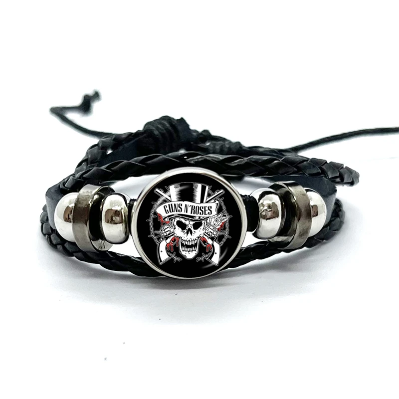 Latest Guns N Roses Rock Band Bracelet Punk Guns and Roses Band Logo Print Glass Gem Handmade Multilayer Braided Bangle Gift