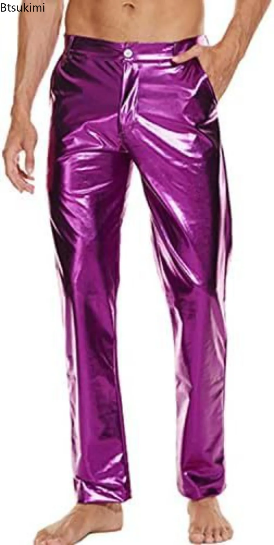 2026 Men's Vintage Disco Pants Shiny Metallic Glossy Casual Long Pants Hip Hop Streetwear Crazy Party Trousers Man Stage Costume
