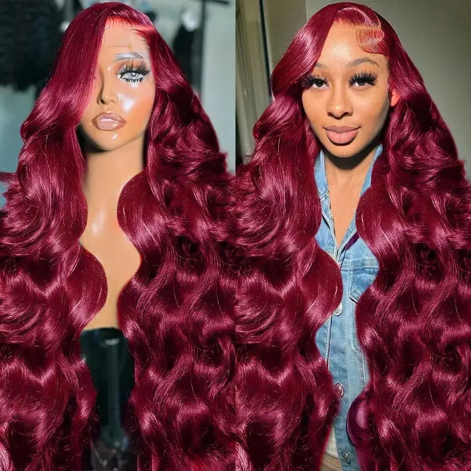 Abijale 99J Burgundy HD Lace Front Wig Human Hair 13X4 13X6 Body Wave Red Colored Lace Frontal Human Hair Women 200 density Wig