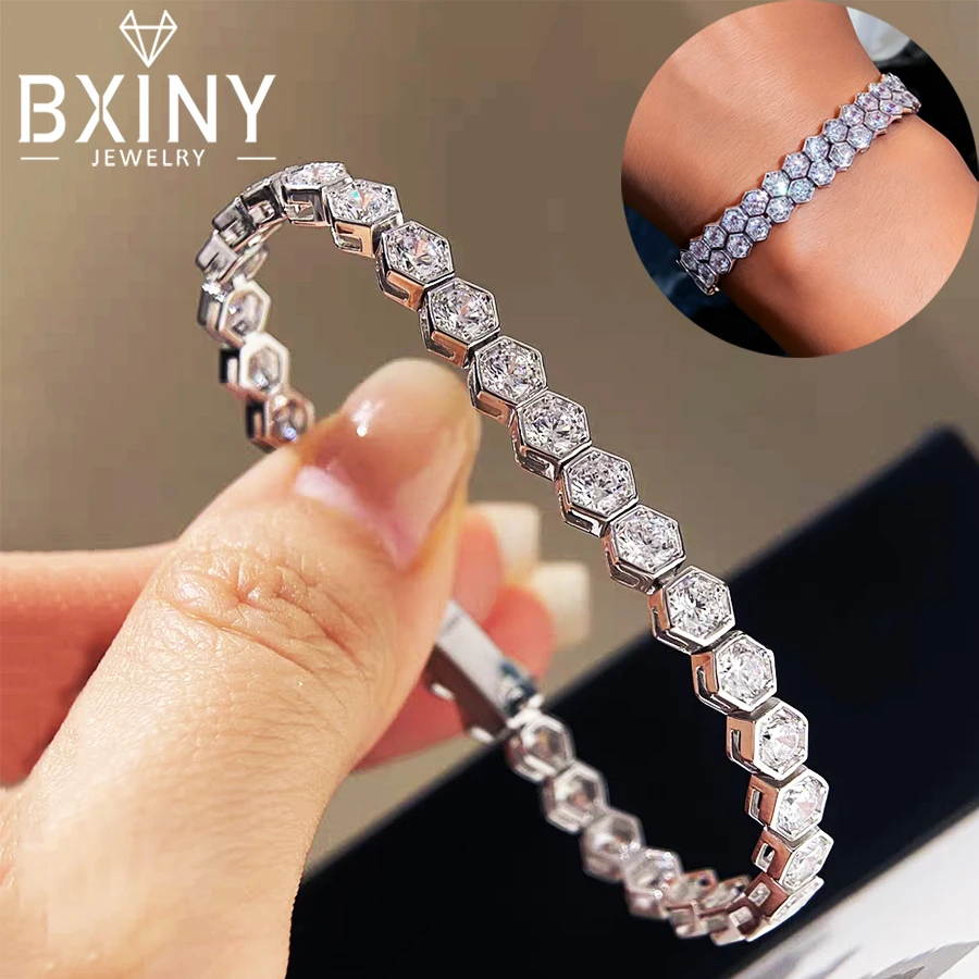 

BXINY Luxury 100% S925 Silver Honeycomb Bracelets High Carbon Diamond Hand Chain for Women Engagement Bangles Gifts Fine Jewelry